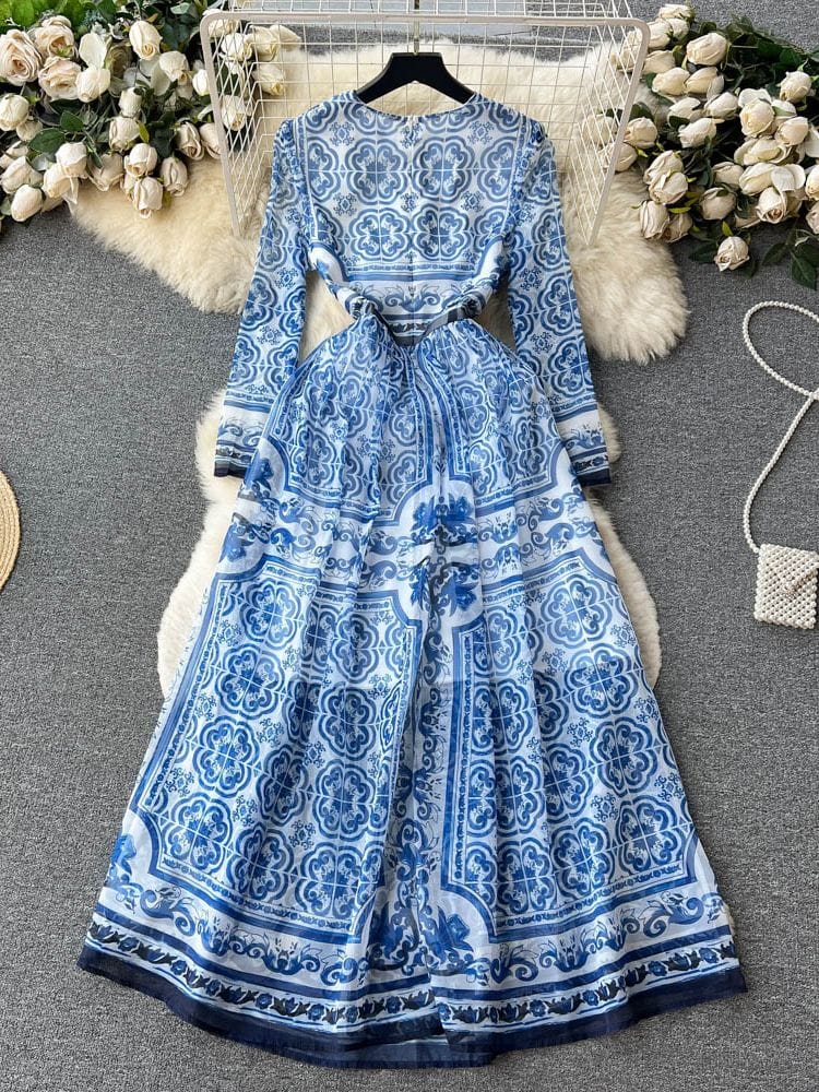 Blue Printed Long Ball Gown, Elegant A-Line Short Sleeve Evening Dress –  Loveydress